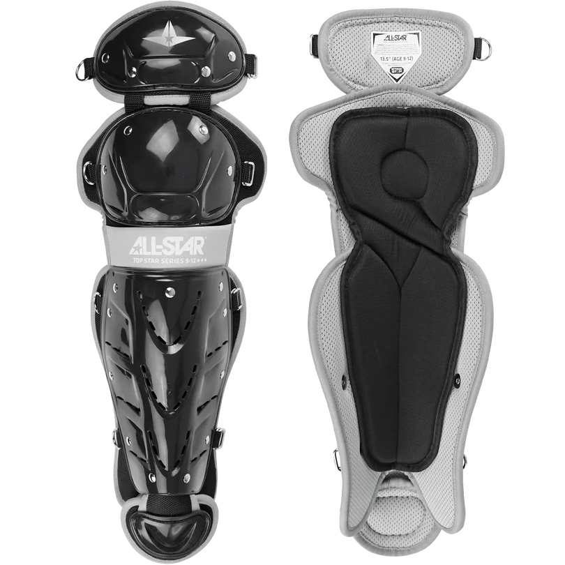 A pair of black and gray All Star Top Star Catcher's Leg Guards: LG-TS are shown—one displays the durable outer shell, while the other reveals soft interior padding for double-knee protection.