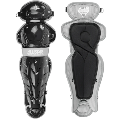 A pair of black and gray All Star Top Star Catcher's Leg Guards: LG-TS are shown—one displays the durable outer shell, while the other reveals soft interior padding for double-knee protection.