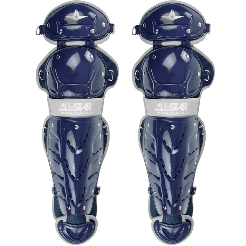 The All Star Top Star Catcher's Leg Guards: LG-TS are navy blue and gray youth leg guards with protective knee/shin padding, ventilation holes, adjustable straps, and All Star branding.