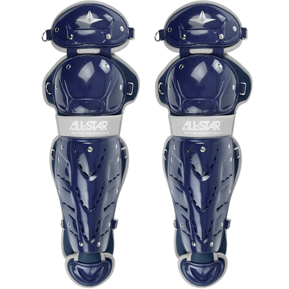The All Star Top Star Catcher's Leg Guards: LG-TS are navy blue and gray youth leg guards with protective knee/shin padding, ventilation holes, adjustable straps, and All Star branding.