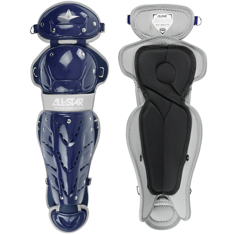 Two views of the All Star Top Star Catcher's Leg Guards: LG-TS in navy blue and gray; left shows the hard shell with All Star branding, right highlights the padded interior typical of premium youth catcher leg guards.