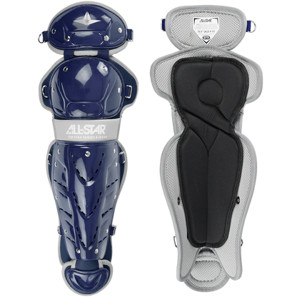 Two views of the All Star Top Star Catcher's Leg Guards: LG-TS in navy blue and gray; left shows the hard shell with All Star branding, right highlights the padded interior typical of premium youth catcher leg guards.