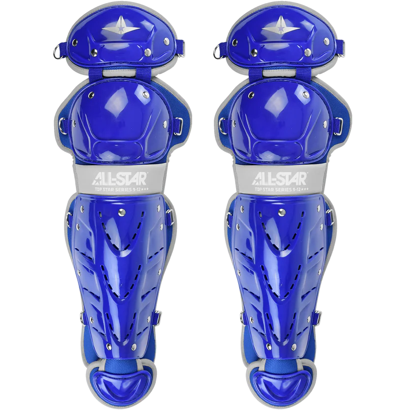 All Star Top Star Catcher's Leg Guards: LG-TS are shiny blue youth leg guards with white ALL-STAR branding across the knee, silver rivets, and protective padding, designed specifically for catchers.