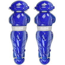 All Star Top Star Catcher's Leg Guards: LG-TS are shiny blue youth leg guards with white ALL-STAR branding across the knee, silver rivets, and protective padding, designed specifically for catchers.