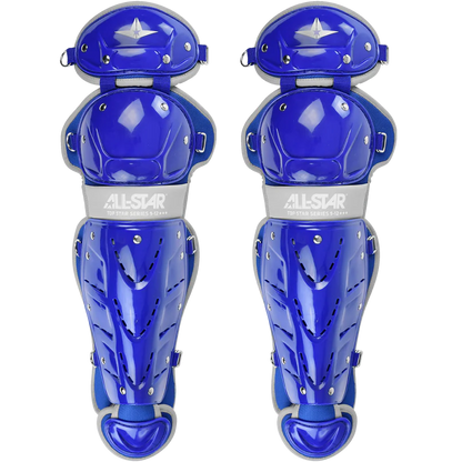 All Star Top Star Catcher's Leg Guards: LG-TS are shiny blue youth leg guards with white ALL-STAR branding across the knee, silver rivets, and protective padding, designed specifically for catchers.