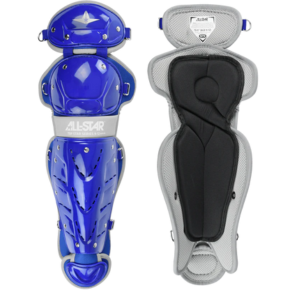Two All Star Top Star Catcher's Leg Guards (LG-TS) are shown: the left displays a shiny blue and silver shell, while the right shows the soft, padded gray and black interior. Double-knee design enhances protection for youth players.