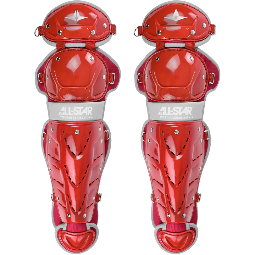 A pair of shiny red All Star Top Star Catcher's Leg Guards (LG-TS) with double-knee protection, padding for knees and shins, metal rivets, and adjustable straps.