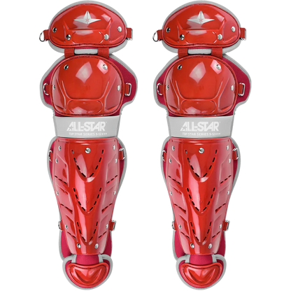 A pair of shiny red All Star Top Star Catcher's Leg Guards (LG-TS) with double-knee protection, padding for knees and shins, metal rivets, and adjustable straps.