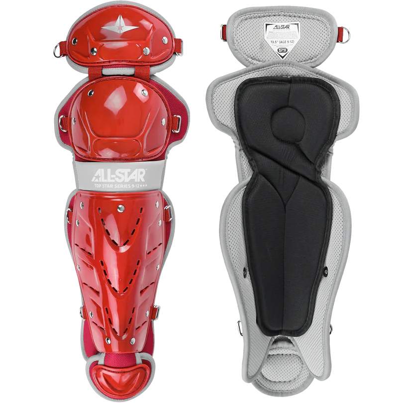 Two All Star Top Star Catcher's Leg Guards (LG-TS) are shown: the front view features hard red protective plates, while the back view highlights padded gray and black interior lining.