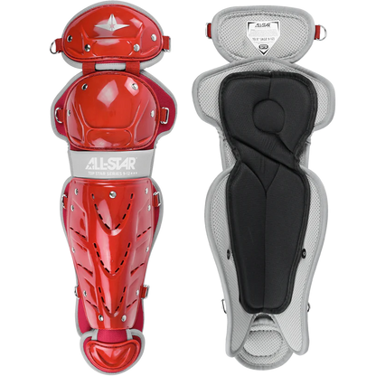 Two All Star Top Star Catcher's Leg Guards (LG-TS) are shown: the front view features hard red protective plates, while the back view highlights padded gray and black interior lining.
