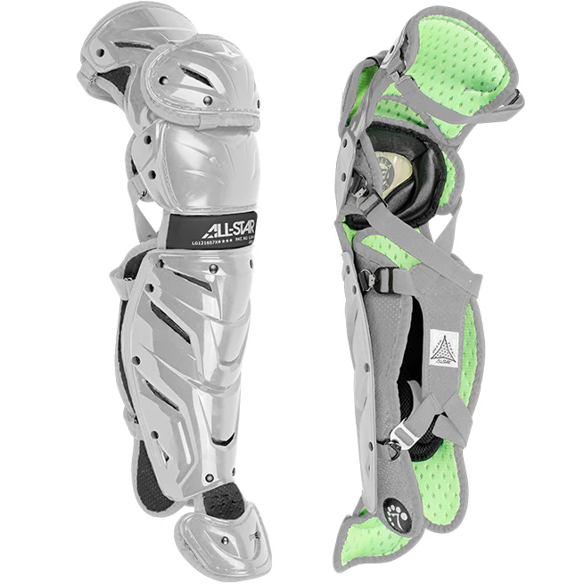 Two views of the All Star System7 Axis Catcher's Leg Guards: front plates are shown on the left, while the right highlights straps, padding, a knee cap insert, and the flexible LINQ hinge system.