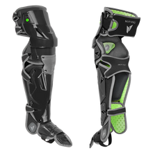 Two black and gray All Star MVP Pro Catcher's Leg Guards (LG-5) with green padding, shown front and side; feature straps, pivoting hinges, joints, and protective panels labeled MVP PRO.