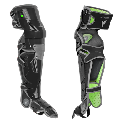 Two black and gray All Star MVP Pro Catcher's Leg Guards (LG-5) with green padding, shown front and side; feature straps, pivoting hinges, joints, and protective panels labeled MVP PRO.