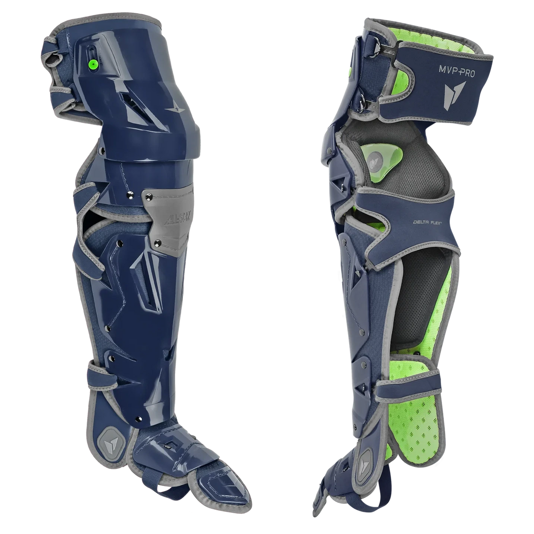 The All Star MVP Pro Catcher's Leg Guards: LG-5, in navy blue and gray with neon green padding, are shown from front and side views, featuring protective plates, strapping system, and one-knee-down protection for adult catchers.