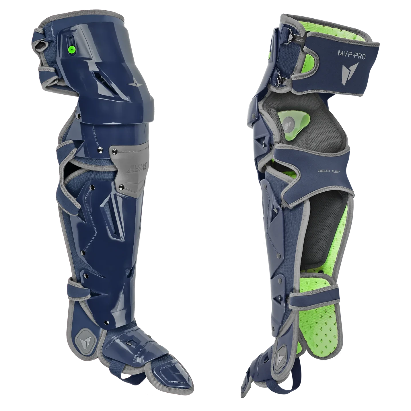 The All Star MVP Pro Catcher's Leg Guards: LG-5, in navy blue and gray with neon green padding, are shown from front and side views, featuring protective plates, strapping system, and one-knee-down protection for adult catchers.