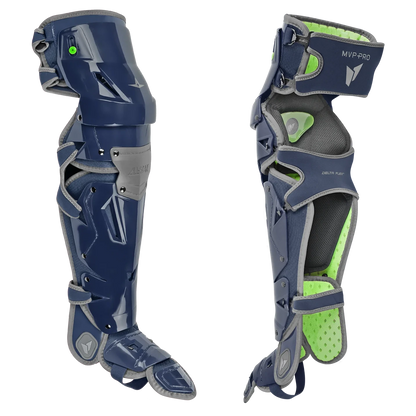 The All Star MVP Pro Catcher's Leg Guards: LG-5, in navy blue and gray with neon green padding, are shown from front and side views, featuring protective plates, strapping system, and one-knee-down protection for adult catchers.