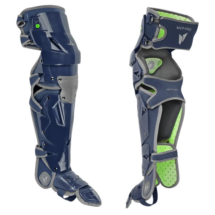 The All Star MVP Pro Catcher's Leg Guards: LG-5, in navy blue and gray with neon green padding, are shown from front and side views, featuring protective plates, strapping system, and one-knee-down protection for adult catchers.