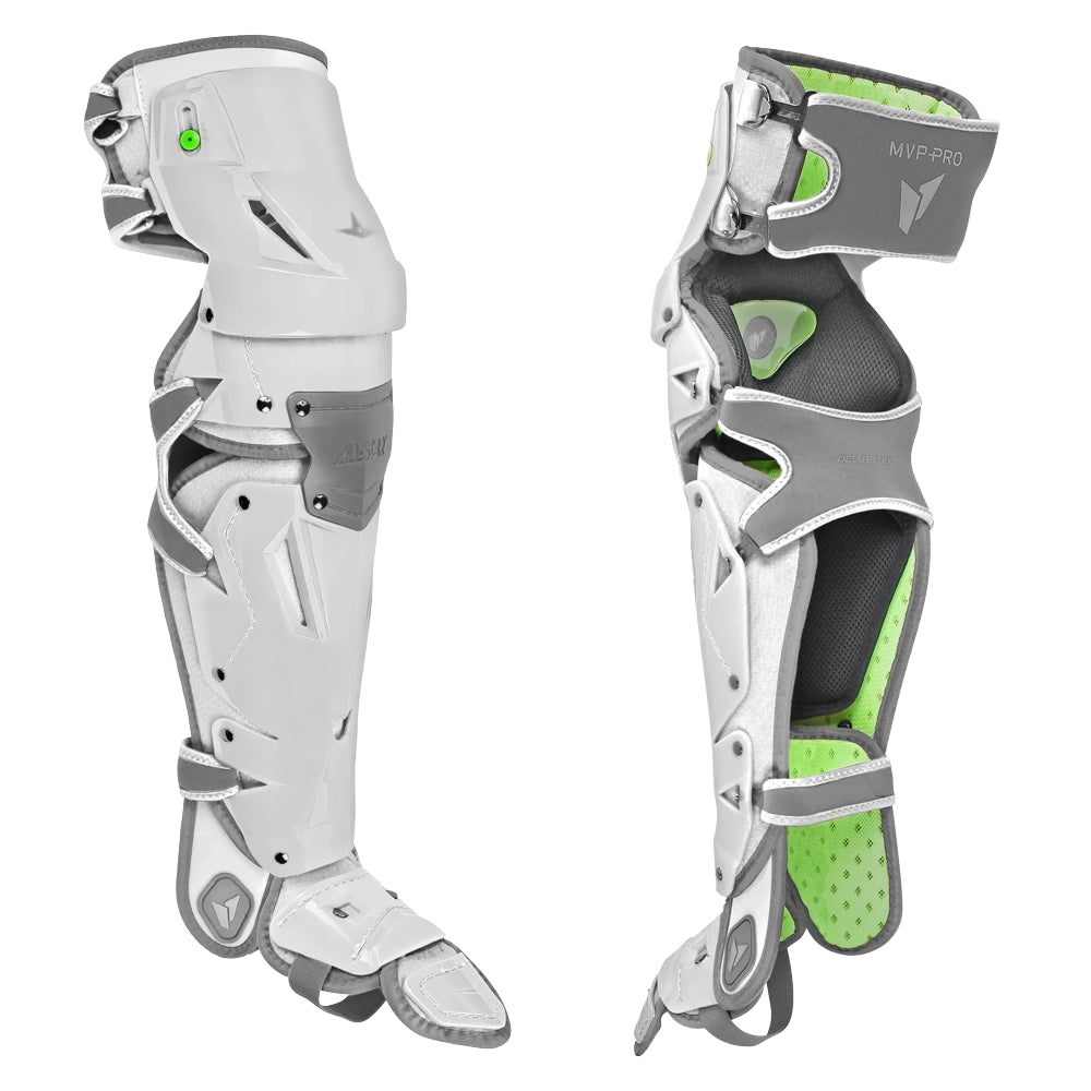 The All Star MVP Pro Catcher's Leg Guards: LG-5 are white and silver adult leg guards with green padding, adjustable straps, a pivoting hinge system, reinforced plastic sections, and one-knee-down protection for support.