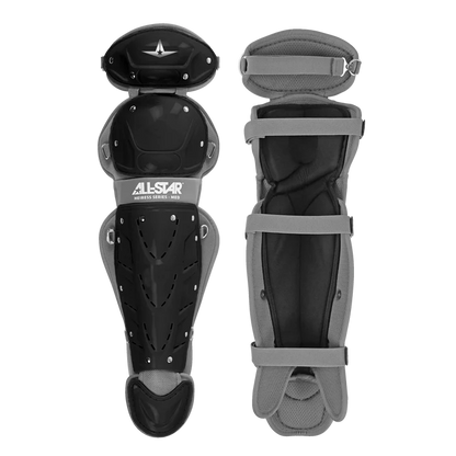 Two black and gray All Star Heiress Fastpitch Catcher's Kit leg guards are shown—one displays the hard shell with ventilation holes and All Star branding; the other reveals padded lining and adjustable straps.