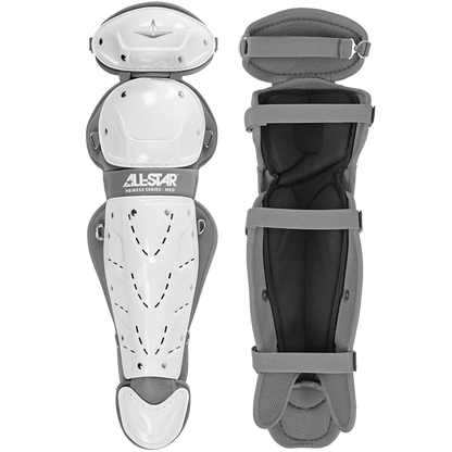 The All Star Heiress Fastpitch Catcher's Kit: CKW-H includes two white and gray shin guards—one showing the outer shell with the All Star logo, the other displaying the padded interior and straps—perfect for travel ball or a complete catcher set.