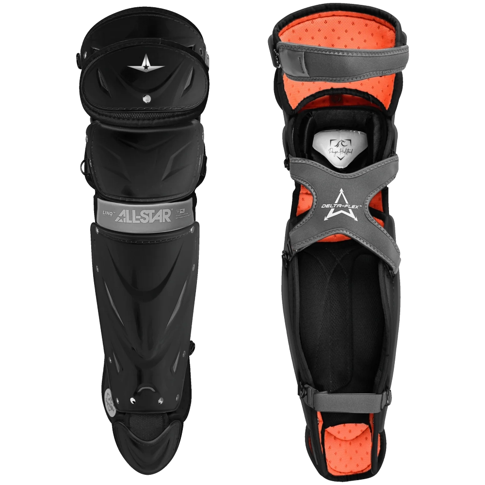 The All Star PHX Paige Halstead Fastpitch Catcher’s Leg Guards: LGW-PHX are shown in black and orange from both the front and back on a white background. Designed specifically for fastpitch catchers, these leg guards feature All Star branding on the front, along with a Delta-Flex calf harness and LINQ hinge system to provide optimal fit and mobility.