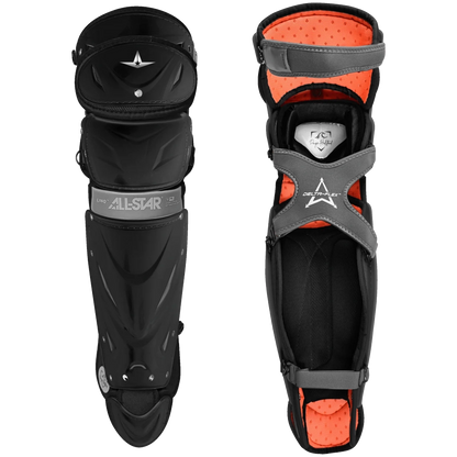 The All Star PHX Paige Halstead Fastpitch Catcher’s Leg Guards: LGW-PHX are shown in black and orange from both the front and back on a white background. Designed specifically for fastpitch catchers, these leg guards feature All Star branding on the front, along with a Delta-Flex calf harness and LINQ hinge system to provide optimal fit and mobility.