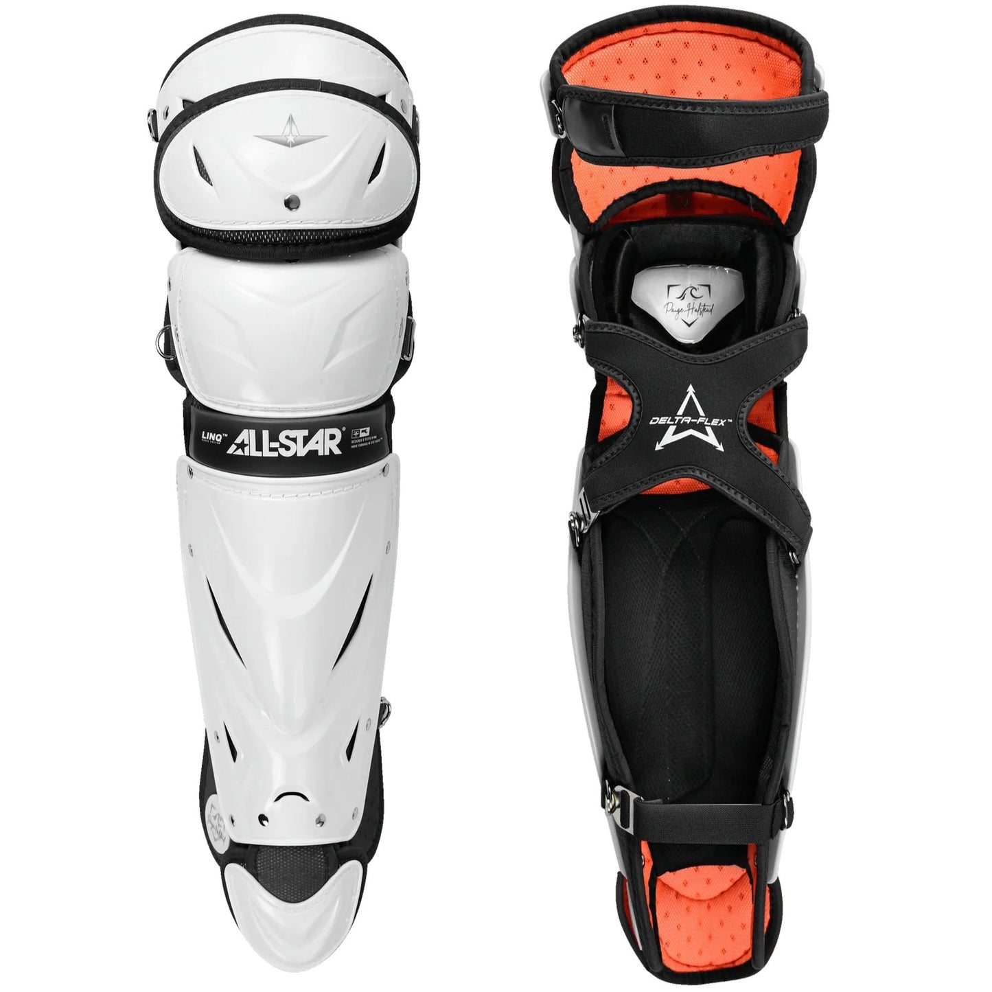 Two All Star PHX Paige Halstead Fastpitch Catcher's Leg Guards (LGW-PHX) in white-black are shown; one shows the hard shell front, the other reveals padded orange lining, adjustable straps, and a Delta-Flex calf harness.
