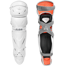 The All Star PHX Paige Halstead Fastpitch Catcher's Leg Guards (LGW-PHX) feature a white and orange design with the LINQ hinge system for top mobility—ideal for fastpitch catchers.
