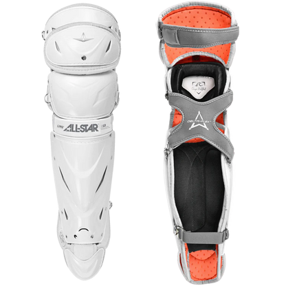 The All Star PHX Paige Halstead Fastpitch Catcher's Leg Guards (LGW-PHX) feature a white and orange design with the LINQ hinge system for top mobility—ideal for fastpitch catchers.