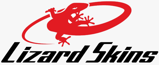 Lizard Skins logo featuring a red lizard silhouette inside a red oval swirl, positioned above the words Lizard Skins in bold, black, italicized text.