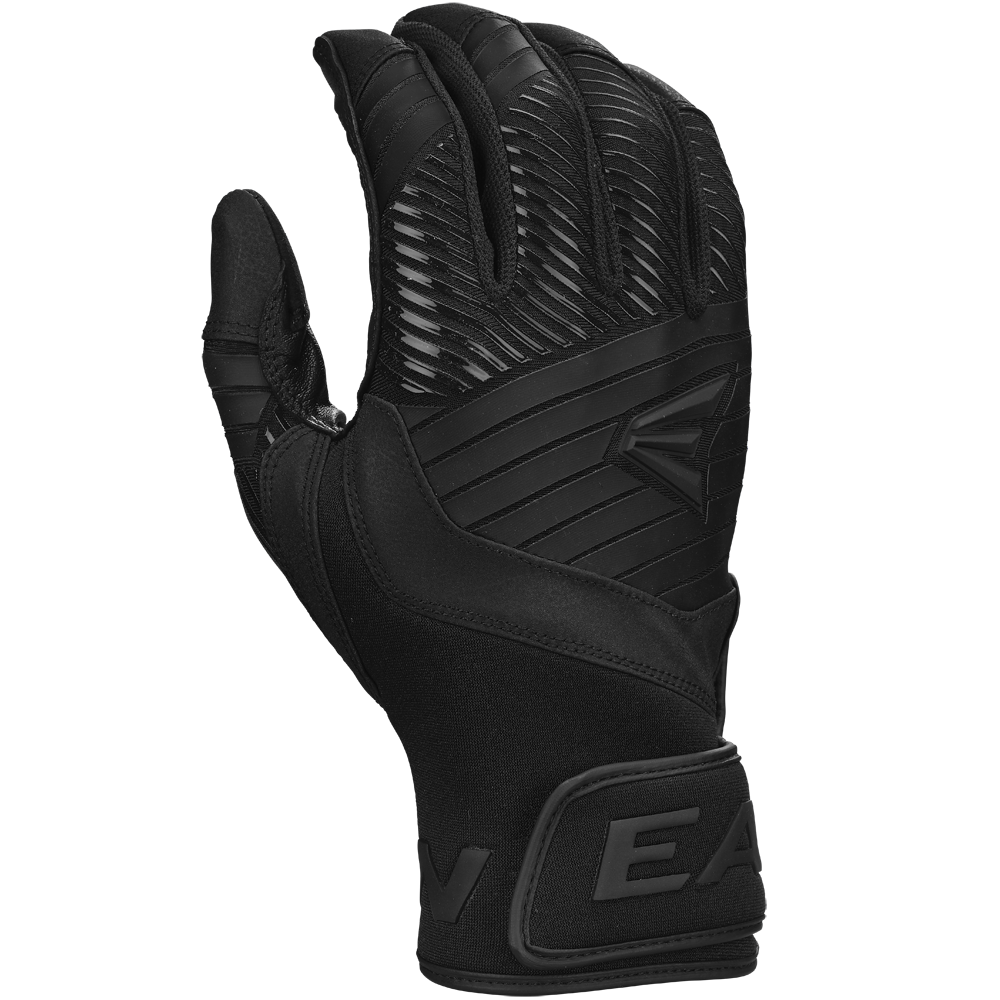 The Easton Walk Off Ethos Youth Batting Gloves (WO25YBG) by Easton are black, durable batting gloves with textured patterns, reinforced sections, an embossed wrist strap, and Velcro closure—perfect for young athletes seeking reliable performance.