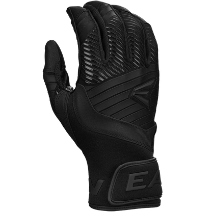 The Easton Walk Off Ethos Youth Batting Gloves (WO25YBG) by Easton are black, durable batting gloves with textured patterns, reinforced sections, an embossed wrist strap, and Velcro closure—perfect for young athletes seeking reliable performance.