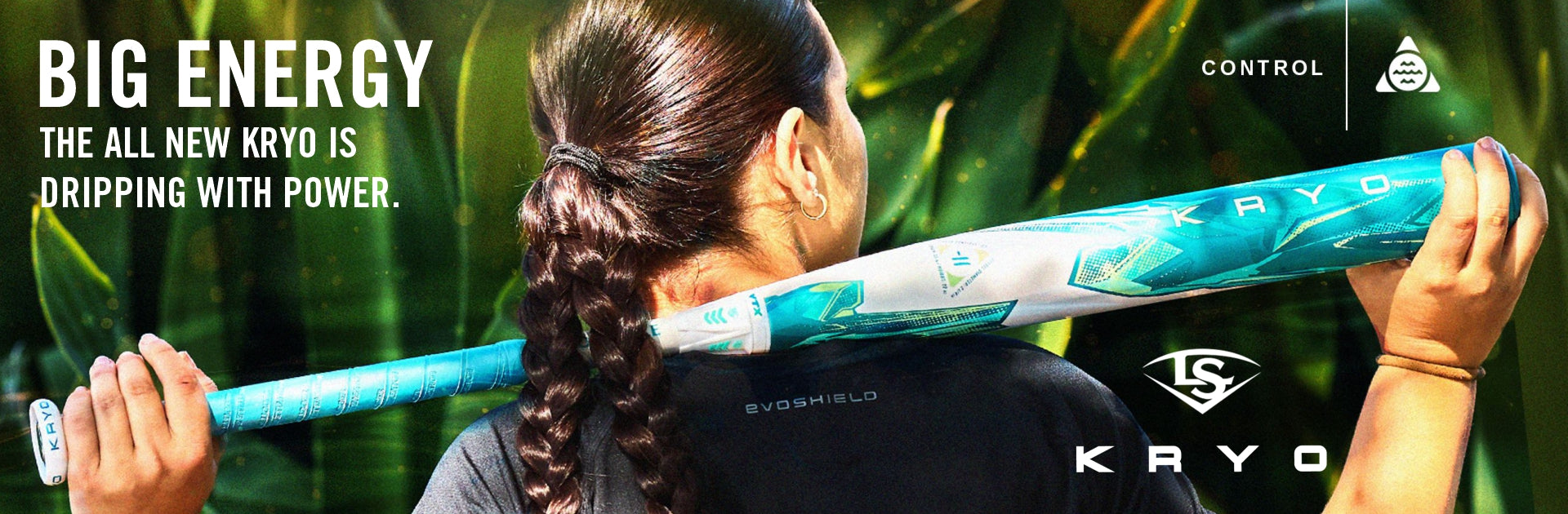 Woman holding a Louisville Slugger Kryo fastpitch softball bat with promotional text about the bat.