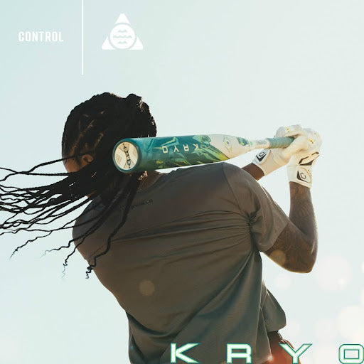 Player swinging a fastpitch softball bat with 'KRYO' branding against a light blue background