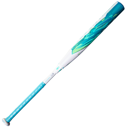 The Louisville Slugger Kryo (-11) Fastpitch Softball Bat (WBL4134010) features a turquoise and white design, textured turquoise grip, and modern angular barrel, shown on a white background.