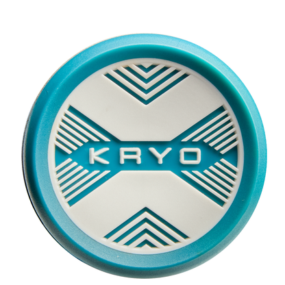 A round object with a white center, blue geometric lines, "KRYO" in the middle, and a blue outer ring—mirroring the design of the 2026 Louisville Slugger Kryo (-11) Fastpitch Softball Bat: WBL4134010 by Louisville Slugger.