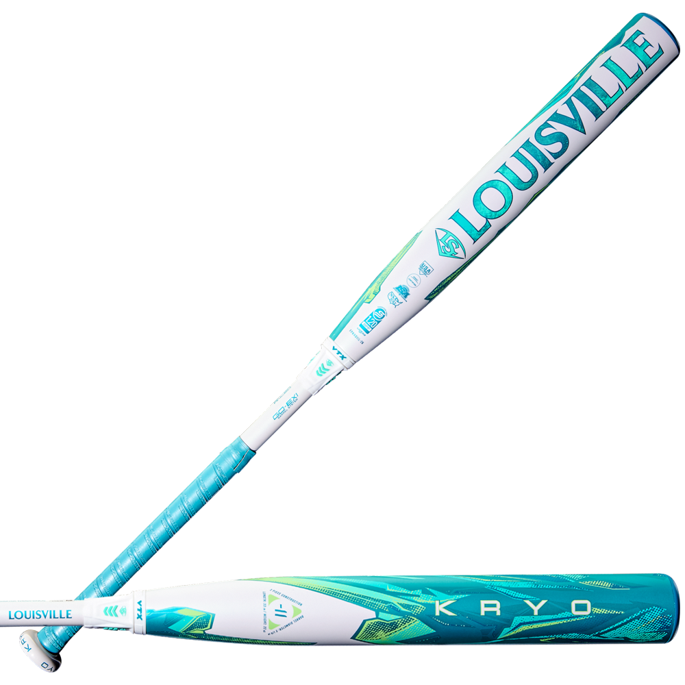 Two views of the 2026 Louisville Slugger Kryo (-11) Fastpitch Softball Bat (WBL4134010) show teal, white, and yellow accents; one displays the side, the other highlights the top with brand name and composite model visible.