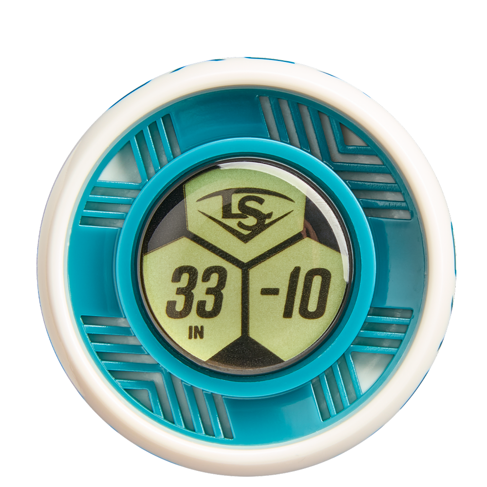 A close-up of the teal and white knob of the 2026 Louisville Slugger Kryo (-10) Fastpitch Softball Bat (WBL4135010), featuring a yellow LS label with "33 IN" and "-10" in black text and geometric patterns on the outer ring.
