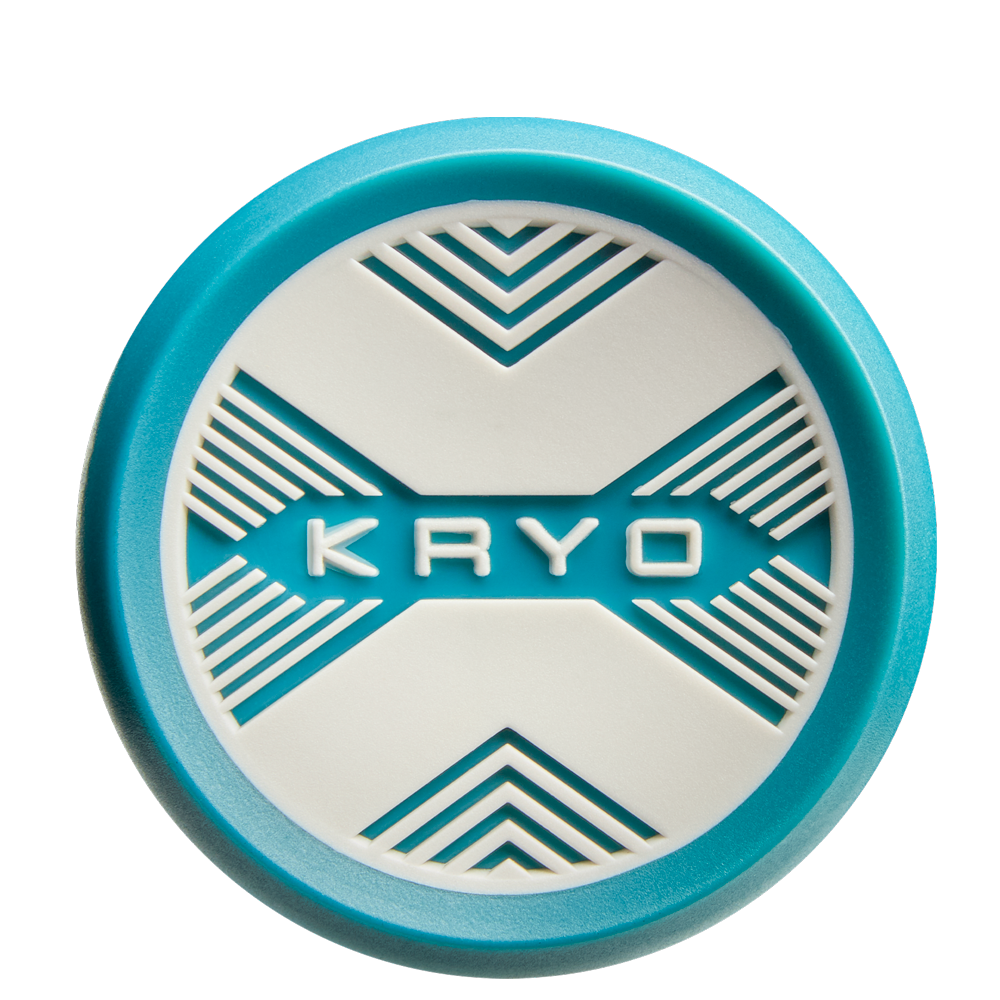 A round object with a blue rim, white center, geometric patterns, and bold blue "KRYO," inspired by the 2026 Louisville Slugger Kryo (-10) Fastpitch Softball Bat’s composite gapped wall barrel design.