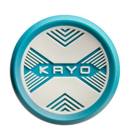 A round object with a blue rim, white center, geometric patterns, and bold blue "KRYO," inspired by the 2026 Louisville Slugger Kryo (-10) Fastpitch Softball Bat’s composite gapped wall barrel design.