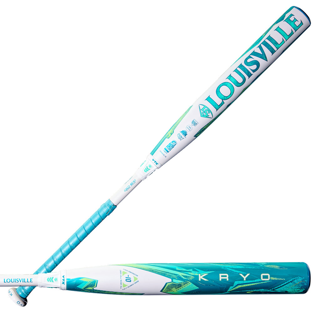 Two views of the 2026 Louisville Slugger Kryo (-10) Fastpitch Softball Bat (WBL4135010), featuring a teal, aqua, and white design with bold LOUISVILLE branding, a textured grip handle, and a composite gapped wall barrel for performance.
