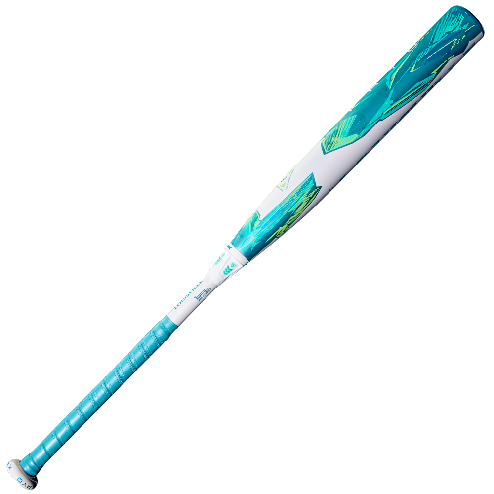 The 2026 Louisville Slugger Kryo (-9) Fastpitch Softball Bat (WBL4136010) features a teal and white design, textured grip, and modern geometric gapped wall barrel, shown against a white background.