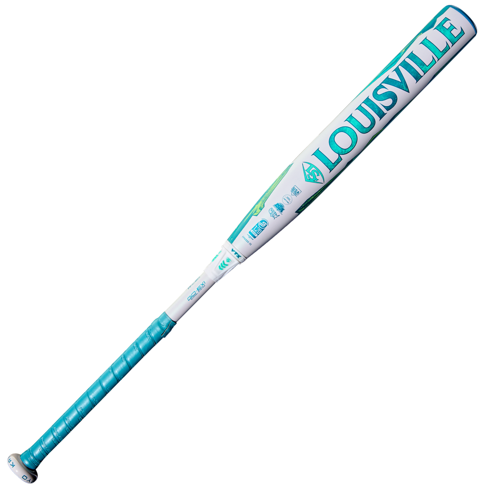 The 2026 Louisville Slugger Kryo (-9) Fastpitch Softball Bat (WBL4136010) features a white and teal design, bold teal LOUISVILLE lettering, teal grip tape, and a gapped wall barrel for enhanced performance.