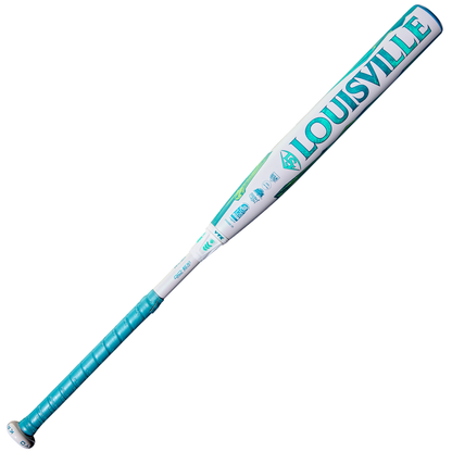 The 2026 Louisville Slugger Kryo (-9) Fastpitch Softball Bat (WBL4136010) features a white and teal design, bold teal LOUISVILLE lettering, teal grip tape, and a gapped wall barrel for enhanced performance.