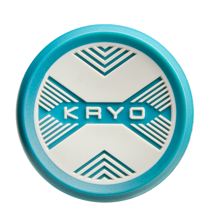 A round puck featuring a white center and teal edge with "KRYD" in teal text, intersected by geometric teal lines forming an X—mirroring the innovation of the 2026 Louisville Slugger Kryo (-9) Fastpitch Softball Bat: WBL4136010.