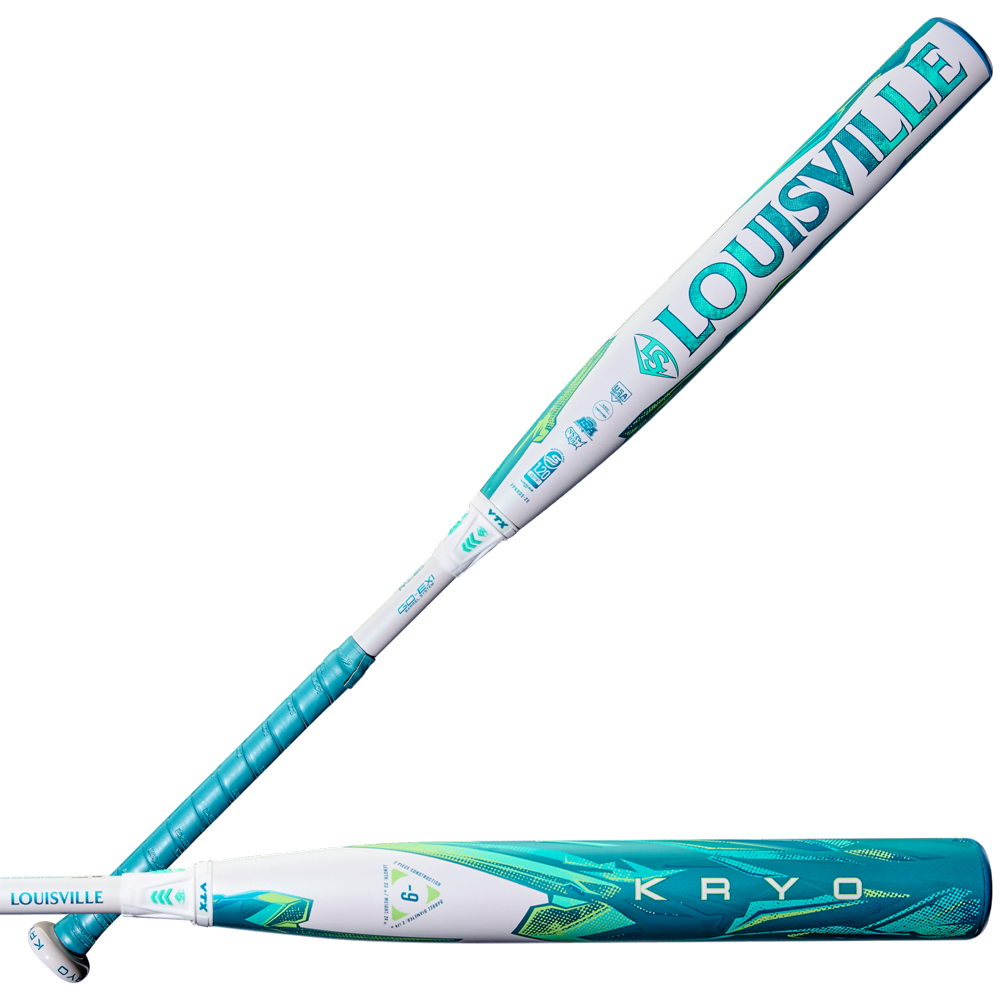 Two views of the 2026 Louisville Slugger Kryo (-9) Fastpitch Softball Bat (WBL4136010), showcasing its eye-catching white, teal, and blue gapped wall design with Louisville Slugger branding along the barrel and handle.