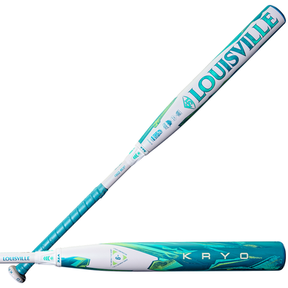 Two views of the 2026 Louisville Slugger Kryo (-9) Fastpitch Softball Bat (WBL4136010), showcasing its eye-catching white, teal, and blue gapped wall design with Louisville Slugger branding along the barrel and handle.