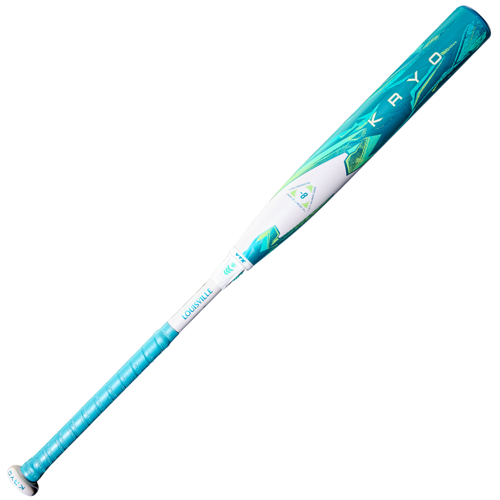 The 2026 Louisville Slugger Kryo (-8) Fastpitch Softball Bat (WBL4137010) is displayed on a white background, showcasing teal, white, and green colors with a geometric pattern and blue grip tape. Features the innovative GO-EX1 Barrel System.