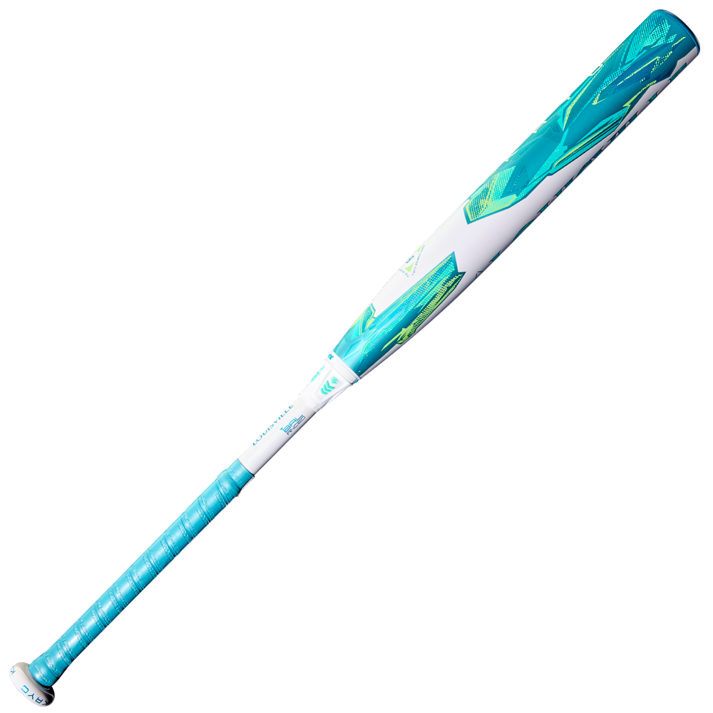 A teal and white 2026 Louisville Slugger Kryo (-8) Fastpitch Softball Bat (WBL4137010) with a patterned grip and abstract teal-green geometric barrel designs, featuring GO-EX1 Barrel System detailing. Photographed on a white background.