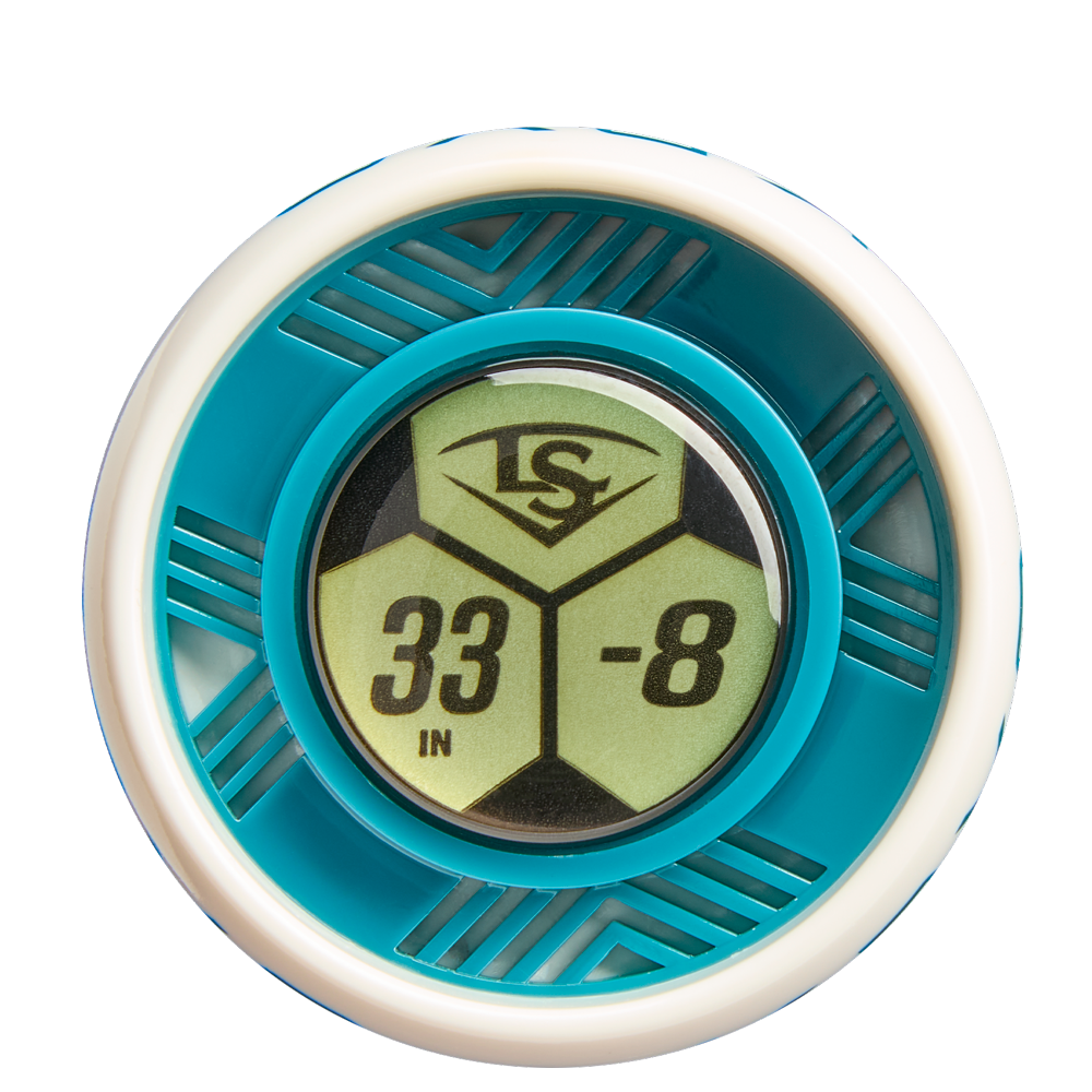 Close-up of a round, teal and white knob sticker featuring the Louisville Slugger Kryo logo, 33 IN, and -8 on a hex pattern—designed for the 2026 Louisville Slugger Kryo (-8) Fastpitch Softball Bat: WBL4137010.